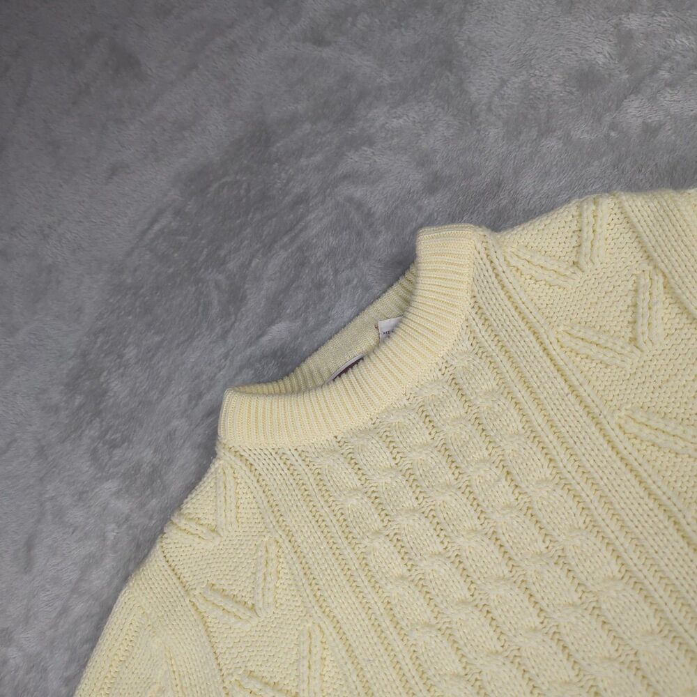 Vintage 70s Sears Cable Knit Fisherman Sweater Mens L Cream Aran Ivory Jumper M